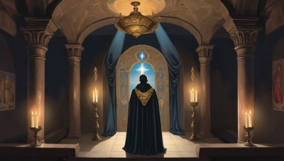 solo,1boy,standing,male focus,indoors,hood,from behind,cape,fire,scenery,cloak,robe,stairs,tiles,facing away,light,candle,tile floor,wide shot,pillar,flame,statue,painting (object),candlestand,black robe,chandelier,candlelight,gem,fantasy,hooded cloak,black cloak,ambiguous gender,arch,column