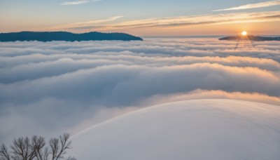 outdoors,sky,day,cloud,water,tree,blue sky,no humans,ocean,sunlight,cloudy sky,nature,scenery,reflection,sunset,mountain,sun,horizon,bare tree,landscape,gradient sky,sunrise