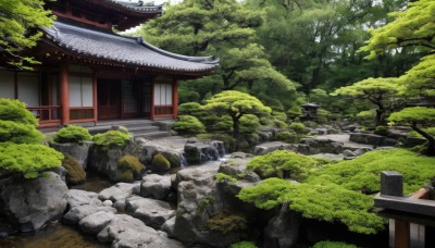 outdoors,day,water,tree,no humans,grass,plant,building,nature,scenery,forest,rock,stairs,bush,architecture,east asian architecture,shrine,path,moss,stone,stone lantern,house,river,pond