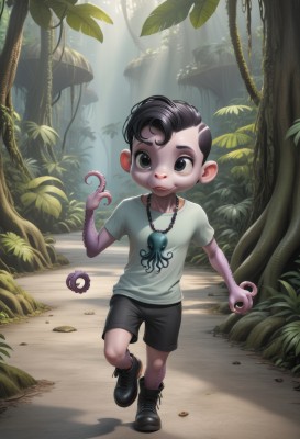 solo,looking at viewer,smile,short hair,shirt,black hair,1boy,jewelry,full body,short sleeves,male focus,boots,outdoors,shorts,day,necklace,black footwear,black eyes,tree,colored skin,leaf,black shorts,sunlight,plant,t-shirt,child,nature,forest,walking,running,light rays,male child,mushroom,standing,shadow