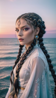 1girl,solo,long hair,breasts,looking at viewer,blue eyes,black hair,hair ornament,long sleeves,dress,jewelry,very long hair,green eyes,upper body,braid,earrings,small breasts,outdoors,parted lips,sky,day,artist name,dark skin,water,necklace,white dress,blurry,twin braids,from side,lips,see-through,looking to the side,eyelashes,makeup,depth of field,blurry background,ocean,beach,lipstick,gem,forehead,eyeshadow,freckles,gold trim,sunset,circlet,realistic,nose,eyeliner,blue gemstone,mascara,green gemstone,multiple braids,dark-skinned female,horizon,forehead jewel,gold,head chain