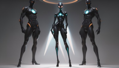 1girl,breasts,looking at viewer,red eyes,medium breasts,standing,full body,multiple boys,wings,2boys,high heels,orange eyes,bodysuit,muscular,glowing,abs,3boys,helmet,muscular male,glowing eyes,skin tight,science fiction,bulge,arms at sides,black bodysuit,latex,neon trim,multiple girls,2girls,weapon,sword,holding weapon,no humans,holding sword,muscular female,power suit