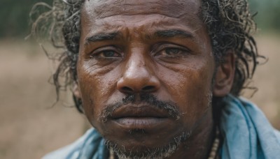 solo,looking at viewer,black hair,1boy,brown eyes,closed mouth,male focus,dark skin,blurry,black eyes,blurry background,facial hair,thick eyebrows,portrait,beard,close-up,realistic,mustache,old,smile,dark-skinned male,messy hair,curly hair