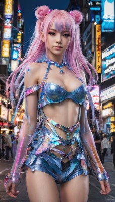 1girl,solo,long hair,breasts,looking at viewer,bangs,gloves,cleavage,bare shoulders,brown eyes,medium breasts,standing,pink hair,multicolored hair,cowboy shot,outdoors,shorts,solo focus,fingerless gloves,hair bun,lips,see-through,short shorts,double bun,night,clenched hands,city,realistic,navel,underwear,small breasts,shiny,pink eyes,bra,building,road,street,cyberpunk,neon lights