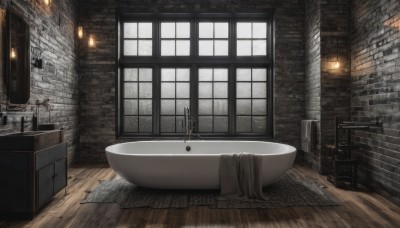 indoors,no humans,window,chair,table,towel,scenery,wooden floor,door,lamp,candle,bath,wall,brick wall,stool,bathtub,carpet,sink,rug,fireplace,cup,mirror,tiles,tile floor,tile wall,candlestand,faucet,cabinet,chandelier