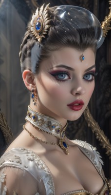 1girl,solo,breasts,looking at viewer,short hair,blue eyes,black hair,hair ornament,dress,cleavage,jewelry,medium breasts,collarbone,upper body,braid,grey hair,multicolored hair,earrings,parted lips,choker,artist name,necklace,hair bun,white dress,blurry,lips,see-through,eyelashes,makeup,blurry background,tiara,lipstick,gem,portrait,armlet,eyeshadow,gold trim,circlet,realistic,nose,red lips,eyeliner,gold,blue gemstone,mascara,teeth