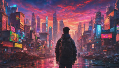 solo, 1boy, jacket, male focus, outdoors, sky, cloud, bag, from behind, backpack, cloudy sky, ground vehicle, building, scenery, motor vehicle, science fiction, sunset, city, sign, car, road, cityscape, motorcycle, skyscraper, cyberpunk, red sky, neon lights