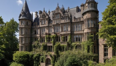 outdoors,sky,day,cloud,tree,blue sky,no humans,window,grass,plant,building,nature,scenery,house,castle,arch,fantasy,tower,church