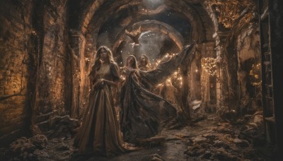 1girl,long hair,multiple girls,dress,holding,2girls,jewelry,standing,indoors,hood,looking at another,black dress,dutch angle,night,holding hands,bird,cloak,light particles,robe,angel,ruins,multiple others,pillar,statue,arch,black hair,closed eyes,cape,window