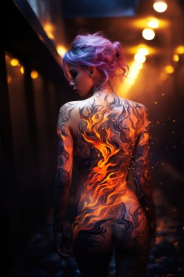 1girl,solo,looking at viewer,short hair,blue eyes,jewelry,blue hair,standing,purple hair,ass,nude,cowboy shot,earrings,looking back,dark skin,from behind,blurry,dark-skinned female,tattoo,night,depth of field,blurry background,back,fire,arm tattoo,back tattoo,full-body tattoo,completely nude,piercing