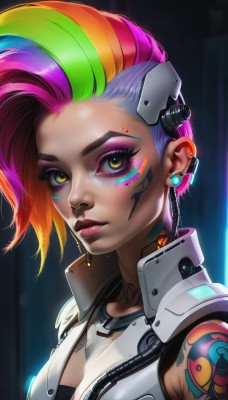 1girl,solo,breasts,looking at viewer,short hair,cleavage,jewelry,medium breasts,closed mouth,yellow eyes,upper body,pink hair,purple hair,multicolored hair,earrings,green hair,sleeveless,artist name,orange hair,two-tone hair,lips,streaked hair,eyelashes,tattoo,makeup,headgear,piercing,lipstick,ear piercing,portrait,eyeshadow,science fiction,asymmetrical hair,pink lips,nose,red lips,stud earrings,eyeliner,undercut,cyborg,mascara,cyberpunk,rainbow hair,blonde hair,green eyes,jacket,web address,multicolored eyes,cable,facepaint