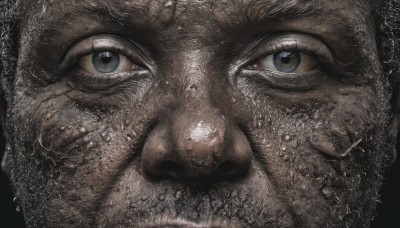 solo,looking at viewer,blue eyes,black hair,1boy,closed mouth,male focus,facial hair,portrait,close-up,realistic,eye focus,shiny,eyelashes,beard