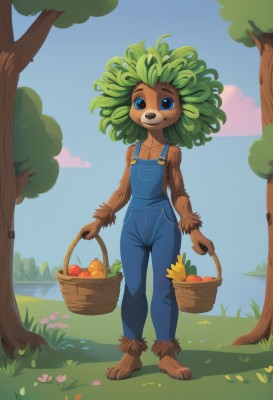 1girl,solo,looking at viewer,smile,open mouth,blue eyes,holding,animal ears,standing,full body,flower,:d,outdoors,food,green hair,sky,barefoot,teeth,day,artist name,cloud,dark skin,flat chest,dark-skinned female,tree,blue sky,fruit,happy,grass,monster girl,furry,furry female,apple,basket,overalls,body fur,animal nose,orange (fruit),holding basket,blue overalls,short hair,bare shoulders,closed mouth,collarbone,tail,medium hair,water,leaf,watermark,denim,brown fur,banana,two-tone fur,digitigrade