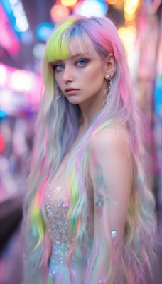 1girl,solo,long hair,breasts,looking at viewer,bangs,blue eyes,blonde hair,dress,bare shoulders,jewelry,closed mouth,blue hair,upper body,pink hair,multicolored hair,earrings,blunt bangs,blurry,from side,two-tone hair,lips,eyelashes,strapless,makeup,depth of field,blurry background,lipstick,strapless dress,eyeshadow,pink lips,realistic,nose,eyeliner,bokeh,colorful,mascara,rainbow hair,very long hair,nude,green hair,wavy hair