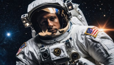 solo,looking at viewer,1boy,upper body,male focus,star (symbol),helmet,star (sky),lens flare,reflection,science fiction,realistic,space,planet,earth (planet),american flag,spacesuit,japanese flag,united states,astronaut,facial hair,starry sky,sun,space helmet,american flag print