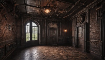 day,indoors,no humans,window,sunlight,scenery,wooden floor,stairs,door,hallway,arch,chandelier,lantern,fantasy,clock,candle,wall,tile floor,brick wall,stone floor,stone wall