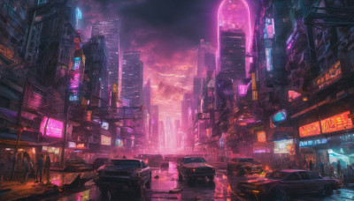 outdoors, multiple boys, sky, cloud, dutch angle, night, ground vehicle, building, scenery, motor vehicle, science fiction, 6+boys, city, sign, car, road, cityscape, street, skyscraper, city lights, cyberpunk, neon lights