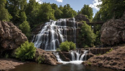 outdoors,sky,day,cloud,water,tree,blue sky,no humans,grass,nature,scenery,forest,rock,wall,bridge,river,waterfall,cliff,moss,cloudy sky,bush,landscape