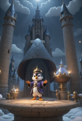 solo,open mouth,long sleeves,1boy,standing,full body,male focus,outdoors,sky,cloud,black eyes,night,bird,moon,cloudy sky,outstretched arms,crown,night sky,furry,full moon,robe,candle,castle,tower,stone floor,looking at viewer,gloves,no humans,1other,penguin