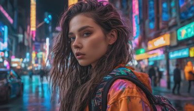 1girl, solo, long hair, looking at viewer, blue eyes, brown hair, upper body, outdoors, parted lips, solo focus, dark skin, hood, bag, blurry, dark-skinned female, lips, night, blurry background, piercing, backpack, city, realistic, nose