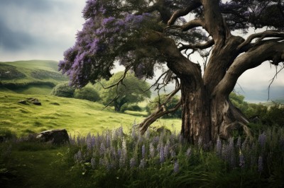 flower,outdoors,sky,day,cloud,tree,no humans,cloudy sky,grass,plant,nature,scenery,forest,rock,mountain,purple flower,branch,field,landscape