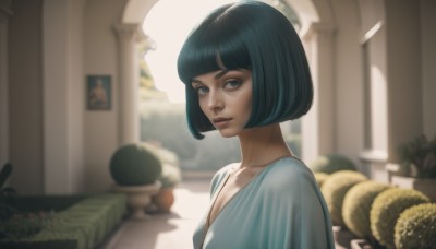 1girl,solo,breasts,looking at viewer,short hair,bangs,blue eyes,black hair,dress,cleavage,closed mouth,blue hair,collarbone,upper body,small breasts,outdoors,indoors,blunt bangs,blurry,from side,lips,depth of field,blurry background,bob cut,realistic,nose,statue,jewelry,parted lips,day,necklace,eyelashes,sunlight,plant,pillar