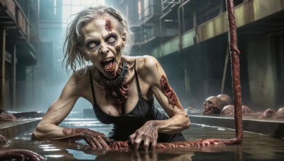 HQ,1girl,solo,breasts,looking at viewer,short hair,open mouth,cleavage,bare shoulders,jewelry,medium breasts,yellow eyes,white hair,grey hair,earrings,teeth,solo focus,water,blood,makeup,piercing,tank top,sharp teeth,partially submerged,science fiction,veins,injury,realistic,cyborg,death,horror (theme),guro,corpse,dress,tongue,necklace,window,saliva,table,skull,monster