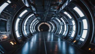 dutch angle,no humans,from above,building,scenery,reflection,science fiction,realistic,spacecraft,lights,indoors,window,floating,machinery,light,cable,space,machine