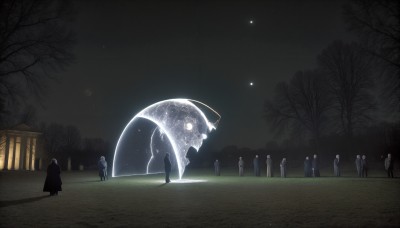 HQ,1girl,multiple girls,standing,outdoors,multiple boys,sky,tree,night,moon,grass,building,star (sky),night sky,scenery,starry sky,6+boys,silhouette,multiple others,bare tree,6+others,glowing,monster,dark,house,surreal