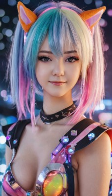 1girl,solo,breasts,looking at viewer,smile,short hair,bangs,animal ears,cleavage,bare shoulders,twintails,jewelry,medium breasts,closed mouth,blue hair,collarbone,upper body,pink hair,multicolored hair,hairband,earrings,small breasts,choker,cat ears,blurry,black eyes,collar,two-tone hair,lips,grey eyes,eyelashes,aqua hair,gradient hair,makeup,blurry background,fake animal ears,eyeshadow,freckles,realistic,nose,eyeliner,bokeh,mascara,long hair,brown eyes,white hair,sleeveless,artist name,bra,streaked hair,depth of field,light smile,lipstick,goggles,lens flare,pink lips,badge,button badge