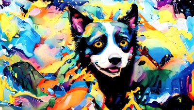 HQ,solo,looking at viewer,open mouth,1boy,animal ears,yellow eyes,upper body,male focus,teeth,no humans,animal,fangs,cat,furry,colored sclera,fish,dog,animal focus,colorful,abstract,abstract background