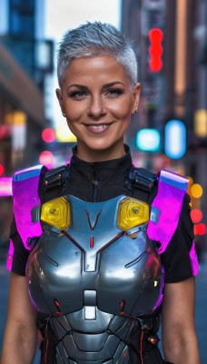 1girl,solo,breasts,looking at viewer,smile,short hair,large breasts,shirt,brown eyes,jewelry,upper body,short sleeves,grey hair,earrings,teeth,dark skin,armor,grin,blurry,dark-skinned female,lips,bodysuit,makeup,blurry background,piercing,backpack,lipstick,science fiction,breastplate,realistic,very short hair,cyberpunk,boobplate,medium breasts,white hair,outdoors,parted lips,artist name,covered nipples,night,genderswap,genderswap (mtf),zipper,police,cyborg,police uniform,policewoman