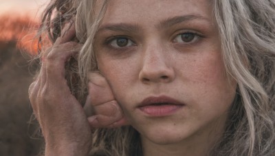 1girl,solo,long hair,looking at viewer,open mouth,blonde hair,brown eyes,white hair,parted lips,solo focus,mole,blurry,lips,portrait,close-up,freckles,realistic,fingernails,eyelashes,blurry background,hand on own face