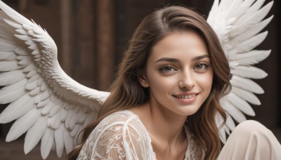 1girl,solo,long hair,looking at viewer,smile,open mouth,brown hair,brown eyes,collarbone,wings,teeth,grin,blurry,lips,blurry background,portrait,feathered wings,forehead,angel wings,realistic,white wings,angel,dress,upper body