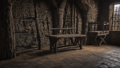 monochrome,day,indoors,no humans,window,chair,sunlight,scenery,stairs,ruins,pillar,tree,table,wooden floor,tiles,wall,tile floor,brick wall,stone floor,stone wall,wood,brick floor