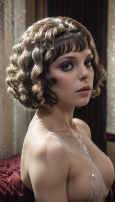 1girl,solo,breasts,looking at viewer,short hair,blonde hair,brown hair,cleavage,bare shoulders,medium breasts,collarbone,upper body,parted lips,blurry,from side,lips,grey eyes,eyelashes,makeup,curtains,eyeshadow,freckles,curly hair,realistic,nose,mascara,blue eyes,dress,jewelry,green eyes,hairband,indoors,necklace,strapless,sideboob,strapless dress