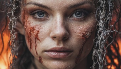 1girl,solo,long hair,looking at viewer,blue eyes,brown hair,black hair,closed mouth,parted lips,lips,grey eyes,eyelashes,blood,scar,fire,portrait,close-up,blood on face,realistic,nose,eye focus,blurry,freckles