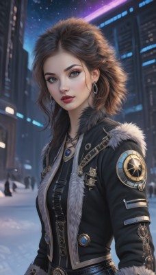 1girl,solo,long hair,breasts,looking at viewer,brown hair,long sleeves,brown eyes,jewelry,medium breasts,jacket,upper body,earrings,outdoors,parted lips,open clothes,sky,solo focus,belt,necklace,blurry,open jacket,lips,coat,black jacket,grey eyes,fur trim,makeup,night,depth of field,blurry background,lipstick,building,star (sky),night sky,snow,buckle,zipper,starry sky,hoop earrings,snowing,city,nose,winter clothes,red lips,fur-trimmed jacket,leather,winter,leather jacket,short hair,black hair,eyelashes,forehead,pendant,realistic,emblem,badge