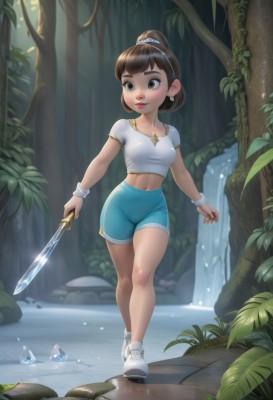 1girl,solo,breasts,smile,short hair,brown hair,shirt,hair ornament,navel,holding,brown eyes,jewelry,medium breasts,closed mouth,standing,full body,white shirt,ponytail,weapon,short sleeves,hairband,small breasts,outdoors,shoes,shorts,day,midriff,sword,artist name,signature,water,hair bun,holding weapon,bracelet,tree,lips,crop top,short shorts,single hair bun,white footwear,knife,wristband,sneakers,nature,forest,walking,blue shorts,ice,crystal,nose,holding knife,dagger,waterfall,earrings,necklace,bike shorts