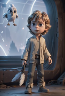 solo,short hair,blonde hair,brown hair,shirt,long sleeves,1boy,holding,brown eyes,closed mouth,standing,jacket,full body,male focus,boots,open clothes,belt,pants,artist name,indoors,black eyes,bird,animal,feathers,child,brown jacket,realistic,male child,owl,blue eyes,weapon,lips,robot,science fiction