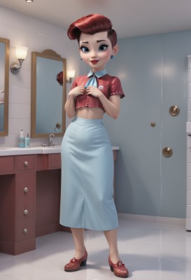 1girl,solo,looking at viewer,smile,short hair,blue eyes,skirt,brown hair,shirt,ribbon,jewelry,standing,full body,short sleeves,red hair,earrings,shoes,midriff,artist name,indoors,high heels,lips,crop top,neck ribbon,makeup,white skirt,blue ribbon,lipstick,red footwear,red shirt,eyeshadow,long skirt,mirror,door,tiles,red lips,kitchen,pompadour,sink,cabinet,blush,navel,shadow,freckles,reflection