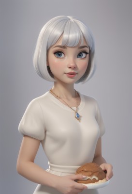 1girl,solo,breasts,looking at viewer,blush,short hair,bangs,blue eyes,simple background,shirt,dress,holding,jewelry,upper body,white hair,short sleeves,grey hair,small breasts,parted lips,food,puffy sleeves,artist name,grey background,necklace,nail polish,white dress,puffy short sleeves,lips,fingernails,eyelashes,makeup,bob cut,holding food,pink nails,pendant,plate,freckles,pink lips,realistic,nose,holding plate,pie,closed mouth,gradient,gradient background,gem