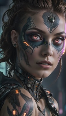 1girl,solo,looking at viewer,short hair,brown hair,red eyes,brown eyes,jewelry,upper body,earrings,parted lips,teeth,dark skin,blurry,dark-skinned female,lips,tattoo,makeup,blurry background,headgear,piercing,ear piercing,portrait,close-up,science fiction,realistic,nose,facial tattoo,cyborg,cyberpunk,black hair,eyelashes,glowing,messy hair,android,stud earrings,cable,mechanical parts