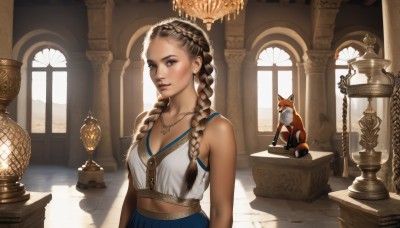 1girl,solo,long hair,breasts,looking at viewer,skirt,brown hair,cleavage,bare shoulders,brown eyes,jewelry,medium breasts,upper body,braid,small breasts,sleeveless,midriff,indoors,necklace,twin braids,lips,bare arms,window,animal,table,sunlight,hair over shoulder,realistic,nose,candle,pillar,statue,blue eyes,earrings,blue skirt,crop top,tank top,fox