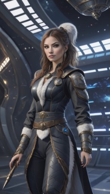 1girl,solo,long hair,breasts,looking at viewer,brown hair,long sleeves,holding,brown eyes,jewelry,medium breasts,closed mouth,standing,ponytail,weapon,cowboy shot,belt,pants,indoors,signature,nail polish,armor,lips,fur trim,window,bodysuit,makeup,black pants,lipstick,staff,nose,spacecraft,earrings,artist name,necklace,backlighting,science fiction,realistic,space