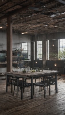 day,indoors,tree,cup,no humans,window,chair,table,sunlight,bottle,plant,scenery,plate,drinking glass,wooden floor,potted plant,lamp,stool,shelf,kitchen,ceiling,ceiling light,cabinet,wooden table,wooden chair