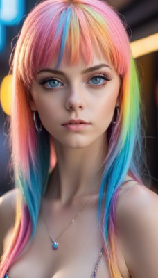 1girl,solo,long hair,breasts,looking at viewer,bangs,blue eyes,blonde hair,cleavage,bare shoulders,jewelry,medium breasts,closed mouth,blue hair,collarbone,upper body,pink hair,multicolored hair,earrings,artist name,necklace,bra,blurry,two-tone hair,lips,eyelashes,gradient hair,makeup,depth of field,blurry background,web address,eyeshadow,freckles,hoop earrings,realistic,nose,mascara,rainbow hair,large breasts,parted lips,orange hair,streaked hair,watermark