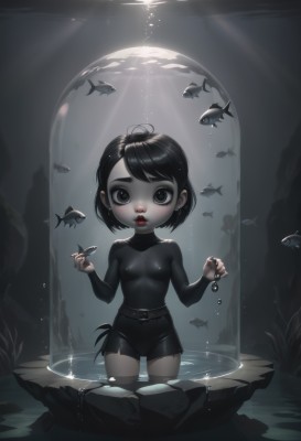 1girl,solo,breasts,looking at viewer,short hair,bangs,shirt,black hair,long sleeves,holding,jewelry,standing,ahoge,cowboy shot,earrings,small breasts,parted lips,shorts,teeth,shiny,belt,water,nail polish,black eyes,covered nipples,lips,fingernails,wet,short shorts,bodysuit,makeup,swept bangs,turtleneck,animal,black shorts,sunlight,thick eyebrows,lipstick,child,black nails,skin tight,wading,fish,bubble,black belt,light rays,underwater,red lips,air bubble,aquarium,seaweed,open mouth,thighhighs,tongue,black shirt,piercing,partially submerged,black bodysuit,submerged