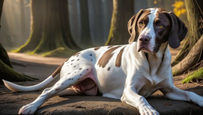 HQ,solo,closed mouth,tail,full body,yellow eyes,outdoors,lying,penis,day,blurry,tree,no humans,blurry background,animal,on side,sunlight,nature,forest,dog,realistic,animal focus,brown eyes,tongue,signature,tongue out,grass