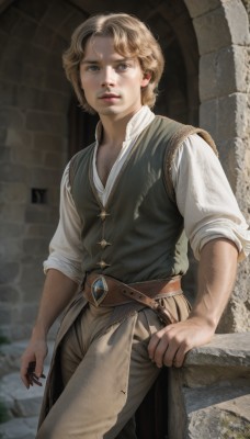 solo,looking at viewer,short hair,blue eyes,blonde hair,shirt,1boy,standing,white shirt,male focus,cowboy shot,outdoors,parted lips,belt,pants,vest,lips,sheath,sleeves rolled up,freckles,realistic,brown belt,against wall,wall,brown pants,brick wall,brown vest,leather belt,long sleeves,closed mouth,collared shirt,blurry,blurry background,facial hair,scar,stone wall